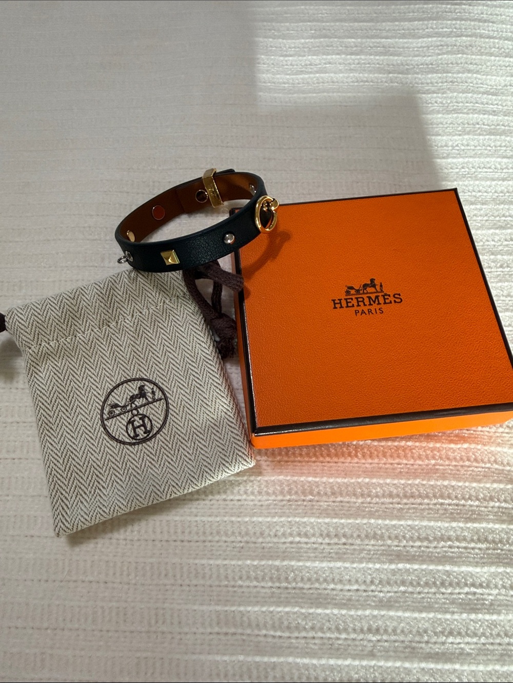 Hermes Black Leather Studded Bracelet with Gold Hardware